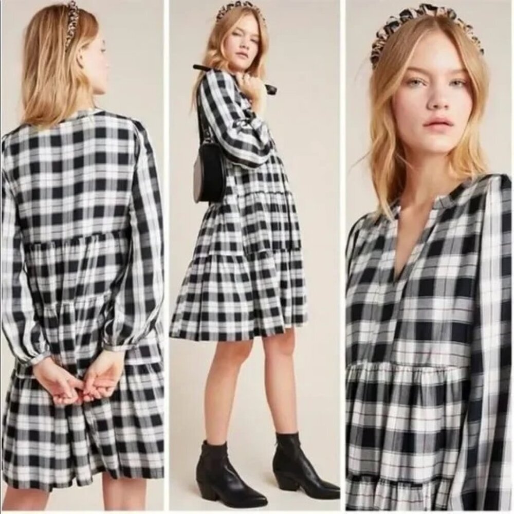Anthropologie Maeve Amber Plaid Tiered Tunic Dress Size XS